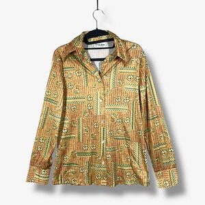 Vintage 70s Gilda of California Floral Button Up Shirt Womens 12 Gold Retro Boho